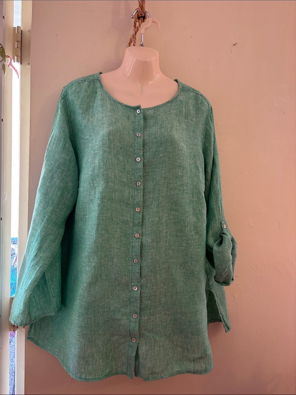 Tahari Seafoam Green Button-Front Linen Tunic.